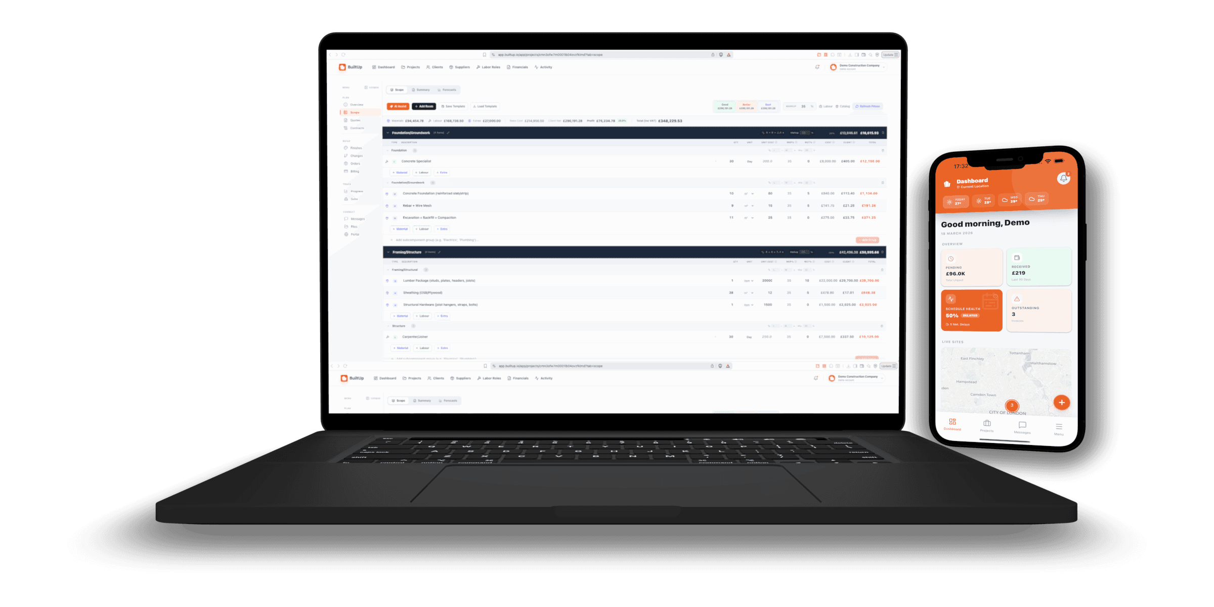 BuiltUp construction management dashboard — projects, quotes, AI scope builder, and financial tracking