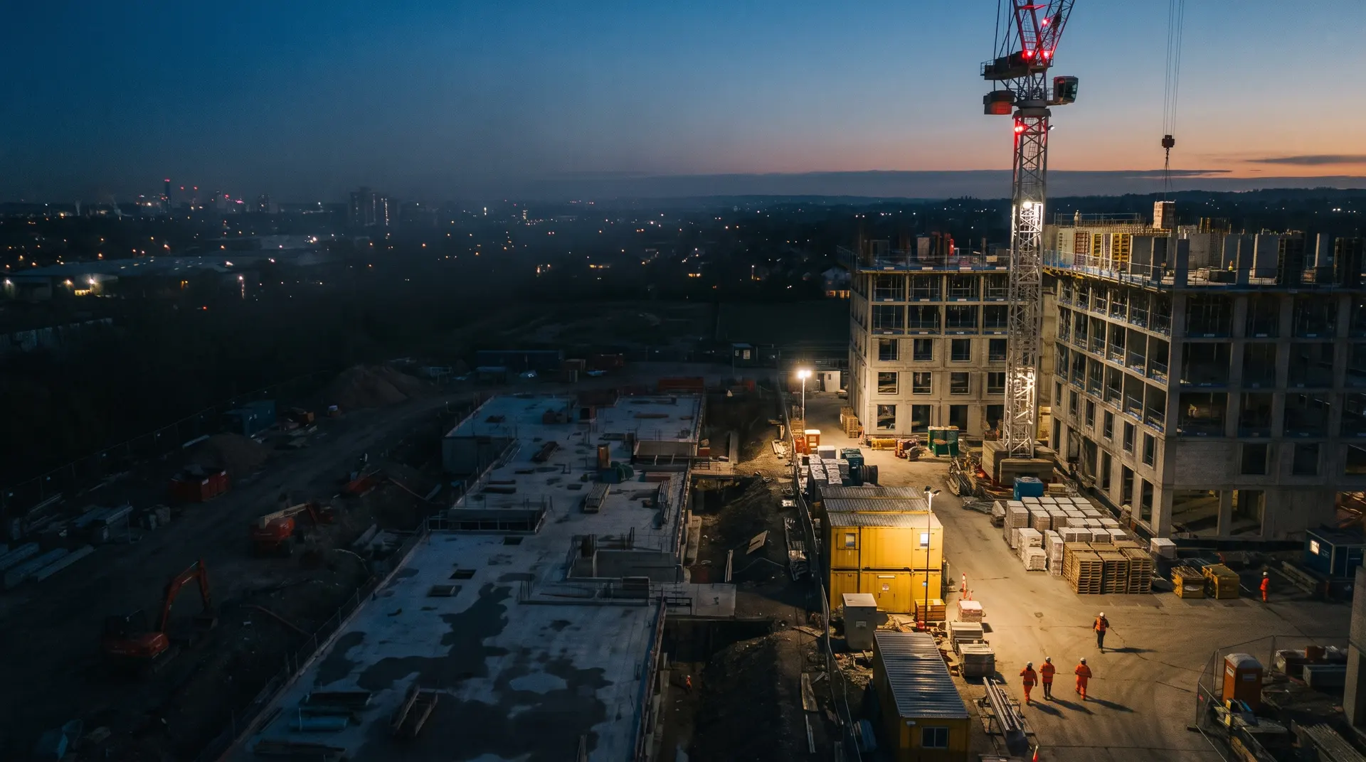A large UK construction site photographed from a crane at dusk: a partly clad concrete frame, a tower crane, stacked materials and site cabins, with a few figures in orange hi-vis on the ground.
